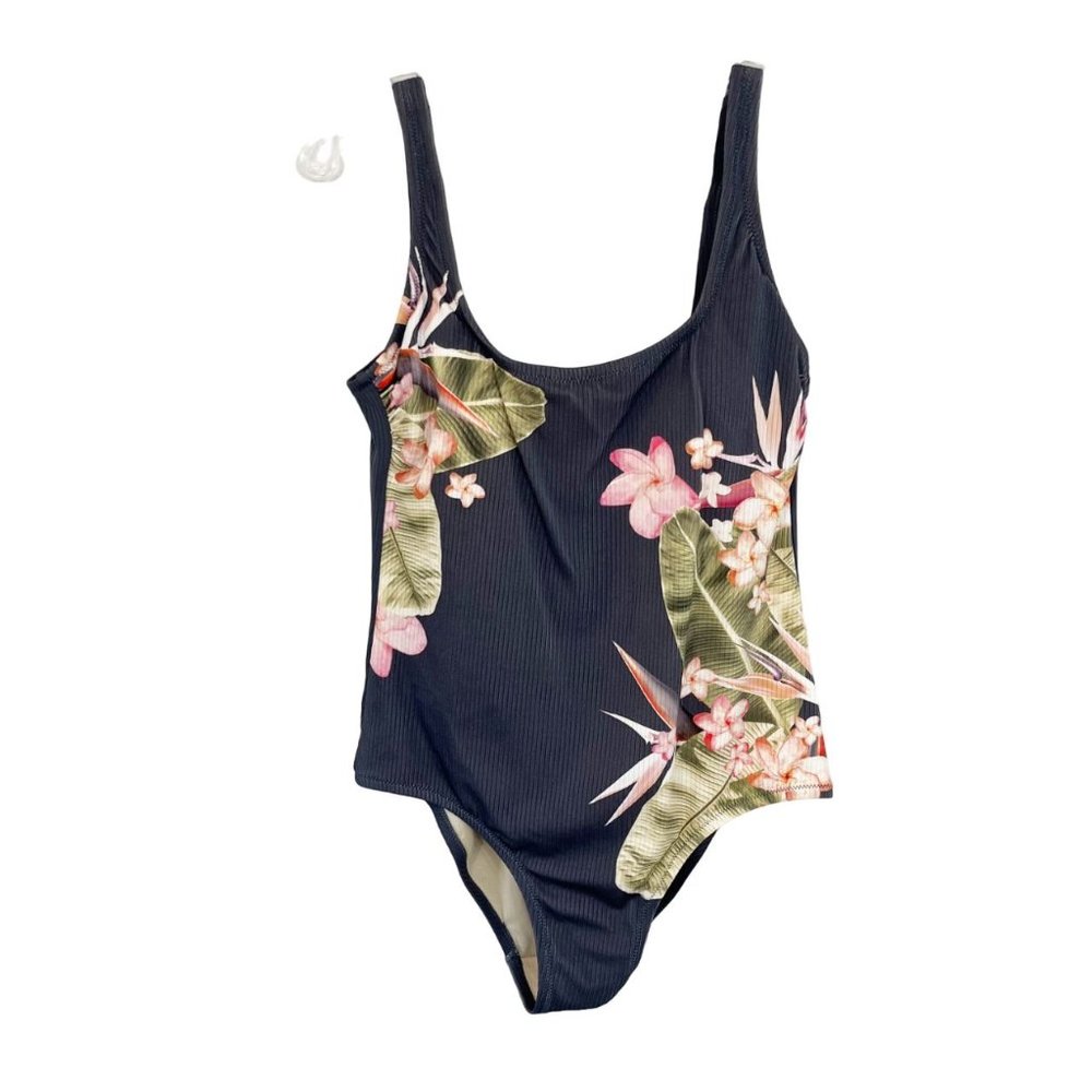 Kona Sol NEW Gray Tropical Floral Ribbed One Piece Swimsuit Scoop Back - LARGE